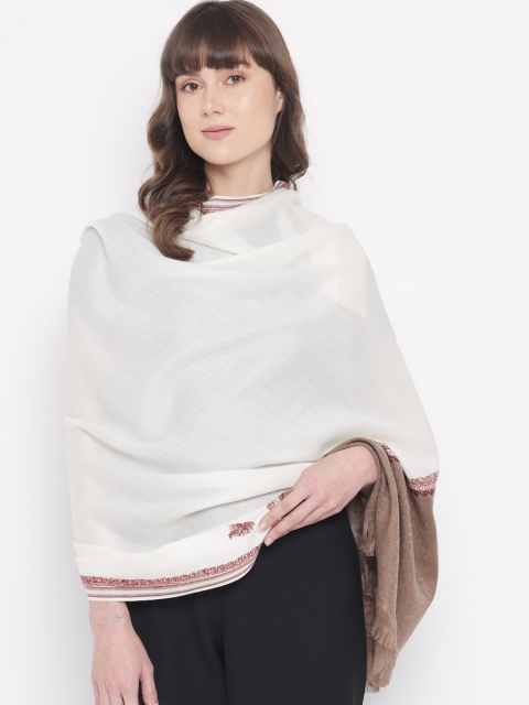 

Pashtush Women White & Pink Embroidered Woolen Shawl