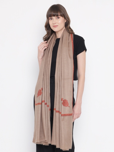 

Pashtush Women Taupe-Brown & Red Embroidered Woolen Shawl
