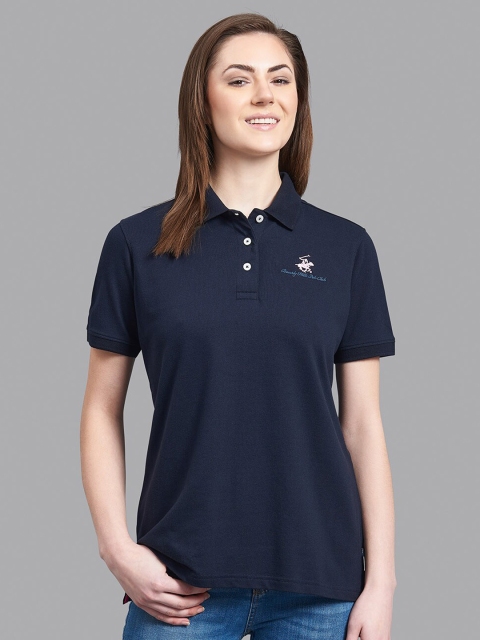 

Beverly Hills Polo Club Women Navy Blue Polo Collar Indigo T-shirt