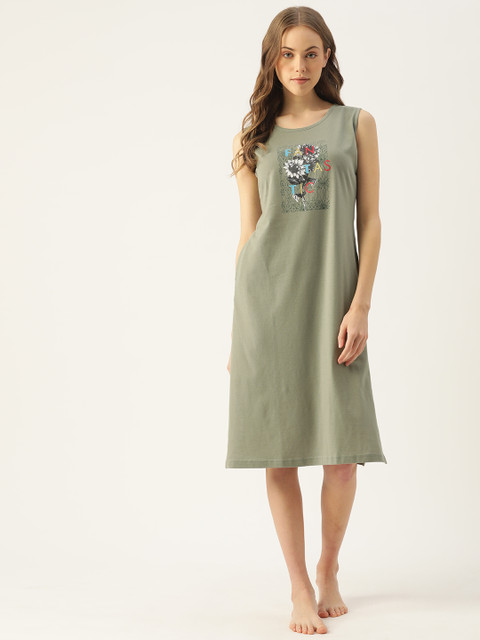 

BROOWL Olive Green & Black Floral Printed Cotton Midi T-Shirt Nightdress with Side Slits