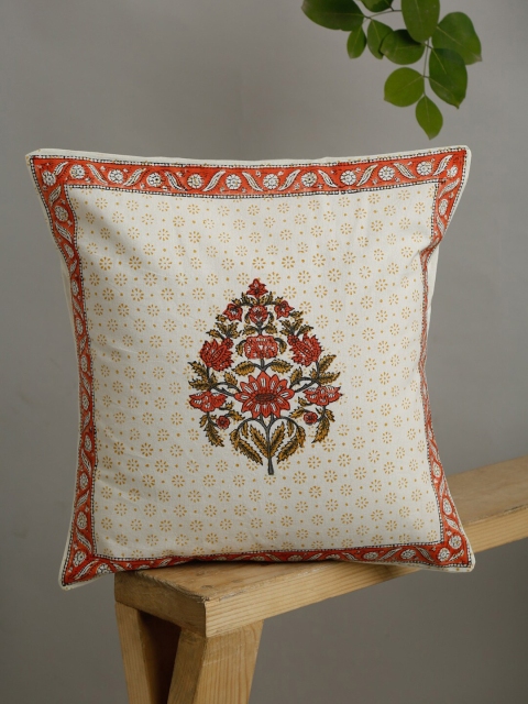 

EK BY EKTA KAPOOR Off White & Red Block Printed Cotton Square Cushion Covers