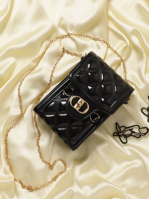 

Athena Black & Gold-Toned Textured Quilted Envelope Clutch