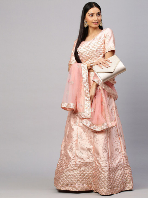 

RedRound Pink & Gold Embroidered Semi-Stitched Lehenga & Unstitched Blouse With Dupatta
