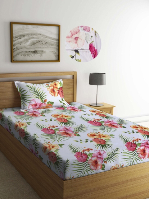 

Arrabi White & Pink Floral 300 TC Fitted Single Bedsheet with 1 Pillow Covers