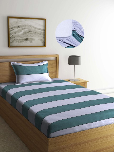 

Arrabi Green & White Striped 300 TC Single Fitted Bedsheet with 1 Pillow Cover