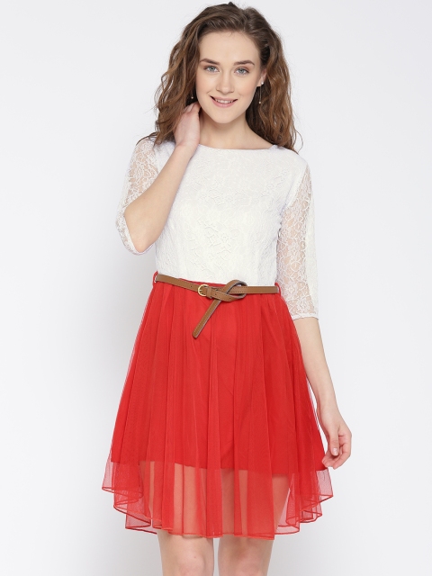 

U&F Women White & Red Lace Fit & Flare Dress