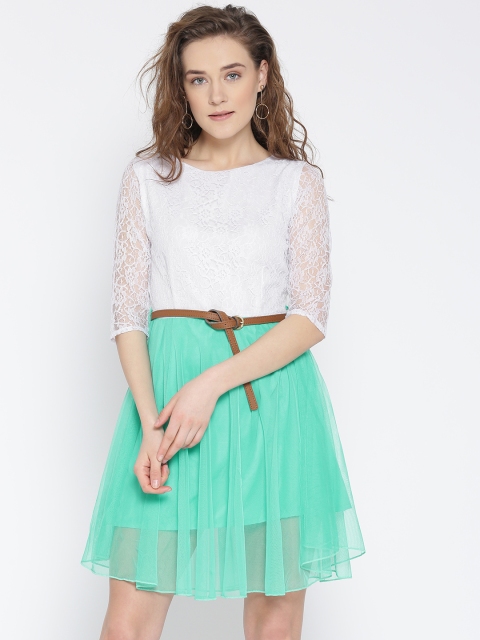 

U&F Women White Crepe Colourblocked Lace Fit & Flare Dress