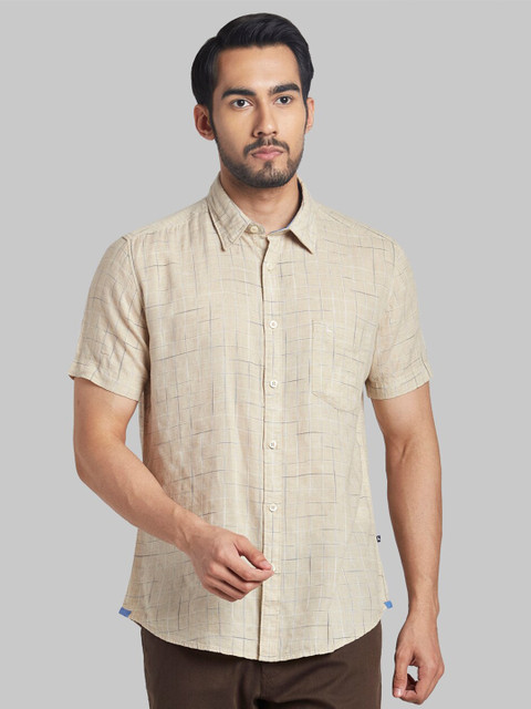 

Parx Men Beige Slim Fit Grid Tattersall Checks Checked Casual Shirt