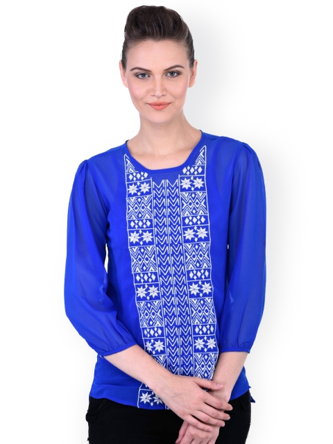 

Oxolloxo Women Blue Embroidered Sheer Top