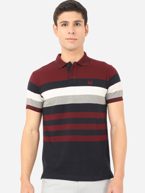 

Greenfibre Men Plus Size Wine Red Striped Polo Collar Slim Fit T-shirt, Burgundy