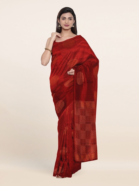 

Pothys Maroon & Gold-Toned Woven Design Zari Silk Cotton Saree