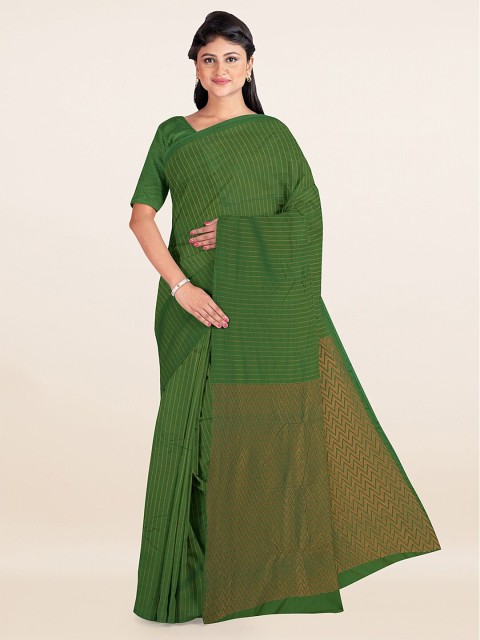 

Pothys Fluorescent Green & Gold-Toned Striped Zari Silk Cotton Saree