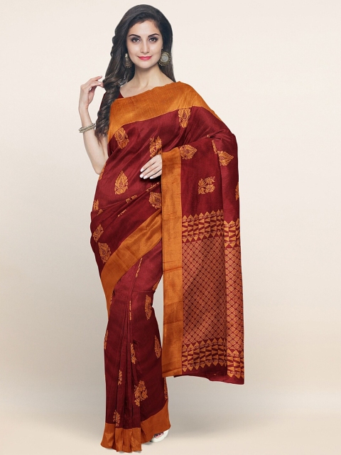 

Pothys Maroon & Gold-Toned Woven Design Zari Silk Cotton Saree