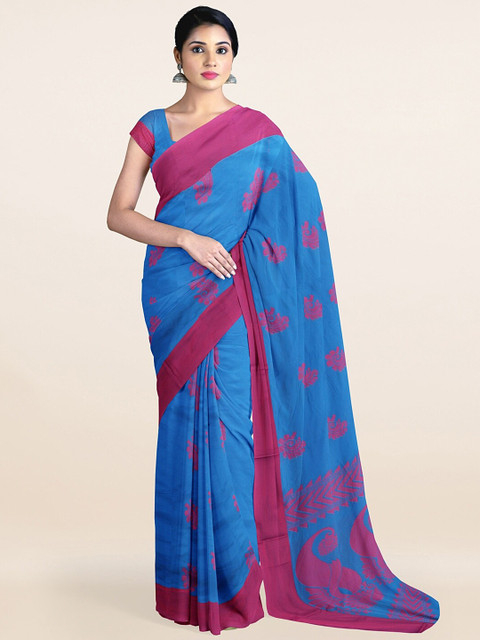 

Pothys Turquoise Blue & Purple Ethnic Motifs Silk Cotton Saree