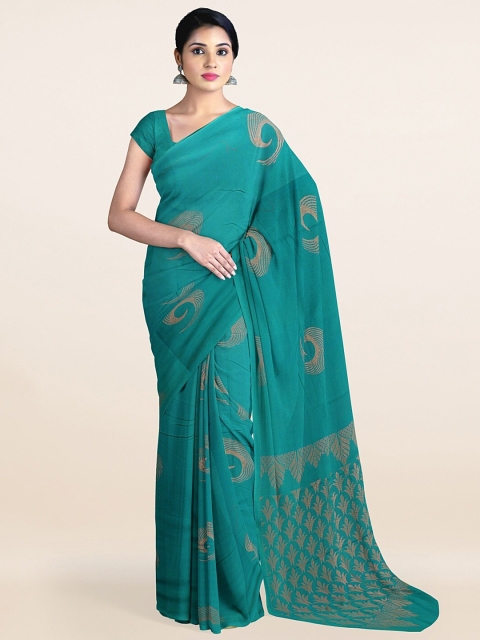 

Pothys Green & Gold-Toned Floral Woven Design Saree