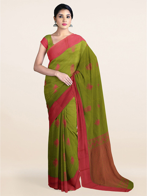 

Pothys Green & Fuchsia Ethnic Motifs Woven Design Silk Cotton Saree