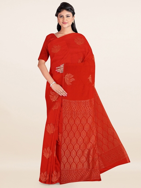 

Pothys Red & Gold-Toned Ethnic Motifs Woven Design Zari Silk Cotton Saree