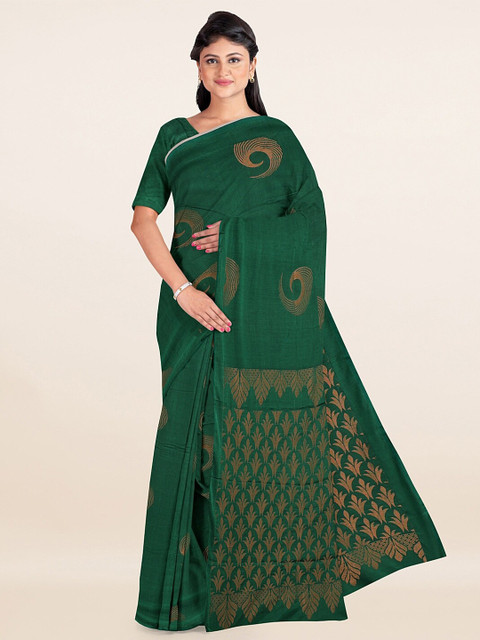 

Pothys Green & Golden Ethnic Motifs Zari Silk Cotton Saree
