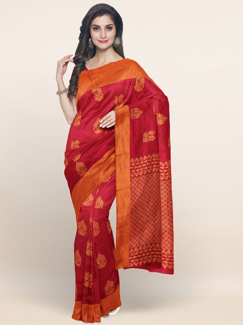 

Pothys Red & Gold-Toned Floral Zari Silk Cotton Saree