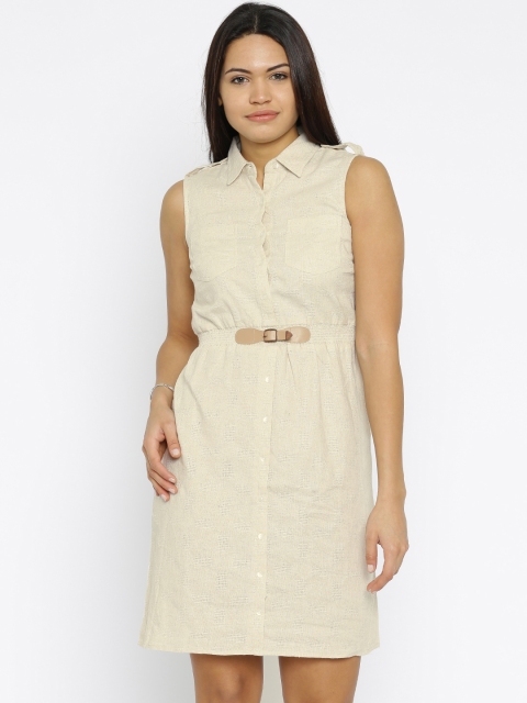 

109F Women Beige Self-Design Shirt Dress