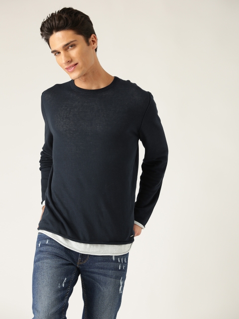 

ESPRIT Men Navy Solid Layered Handcrafted Sweater, Navy blue