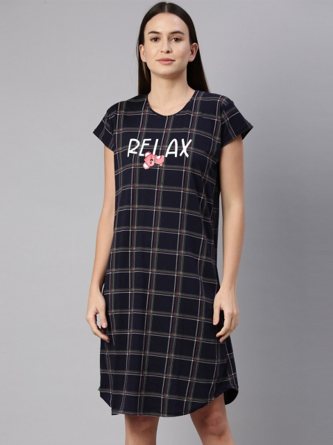 

GOLDSTROMS Women Navy Blue & White Printed Checked Nightdress