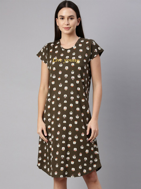 

GOLDSTROMS Olive Green Printed Cotton Blend Knee length Nightdress