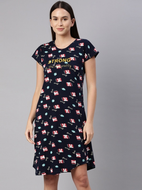 

GOLDSTROMS Women Navy Blue & Red Printed Short Nightdress