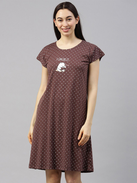 

GOLDSTROMS Brown Polka Dots Printed T-shirt Nightdress