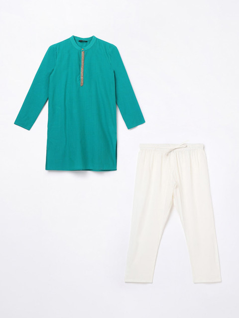 

Melange by Lifestyle Boys Sea Green & Off White Pure Cotton Kurta with Pyjamas