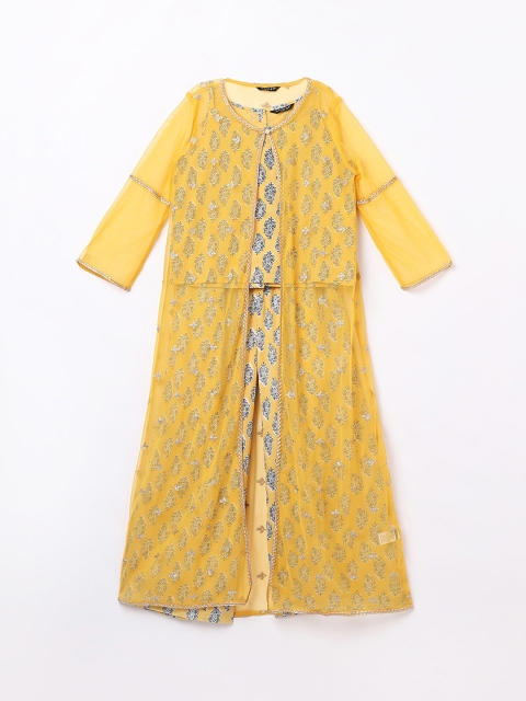 

Melange by Lifestyle Girls Yellow Ethnic Motifs Printed High Slit Gotta Patti Top with Palazzos & Jacket
