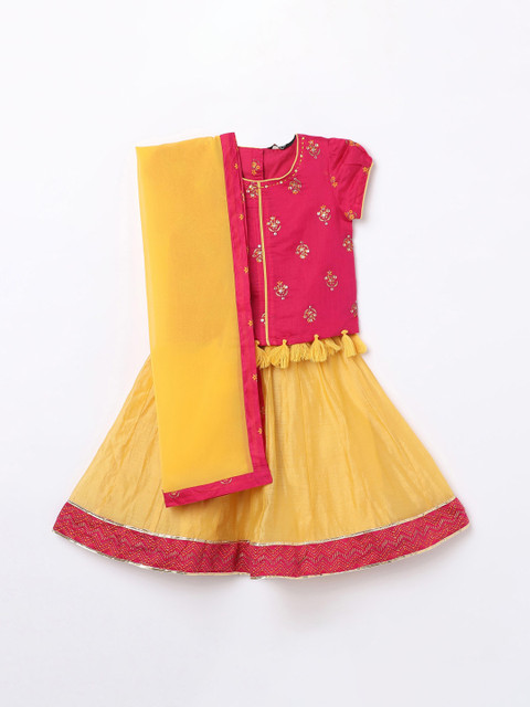 

Melange by Lifestyle Girls Yellow Ethnic Motifs Embroidered Top with Skirt & With Dupatta