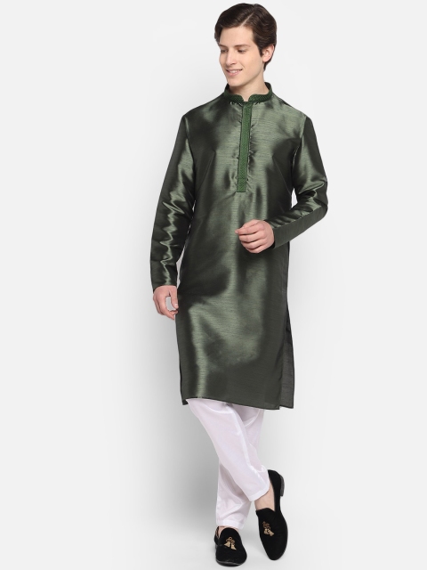 

DEVOILER Men Green Thread Work Solid Kurta