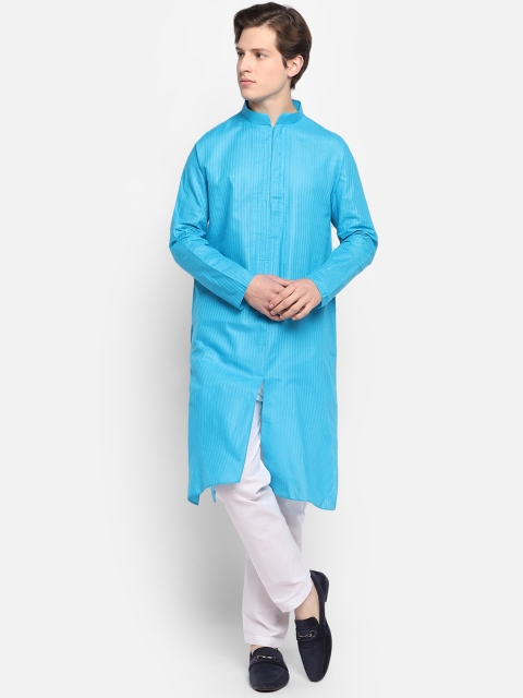 

DEVOILER Men Turquoise Blue Striped Kurta