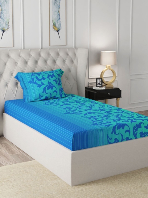 

BIANCA Blue & Green Floral 200 TC Single Bedsheet with 1 Pillow Cover