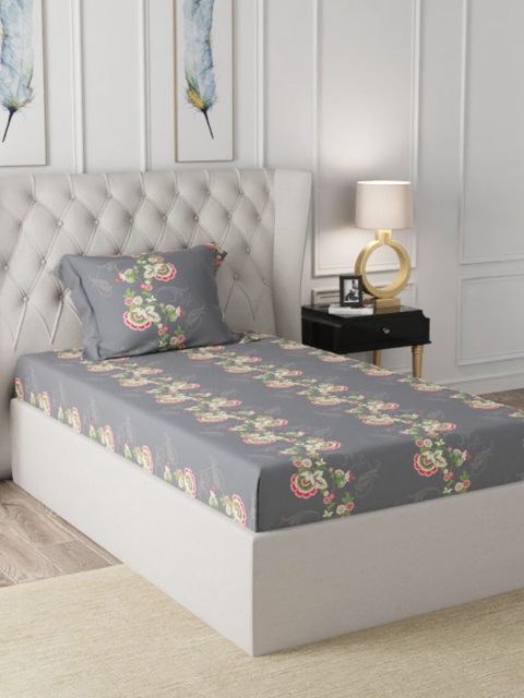 

BIANCA Grey Floral Printed 200 TC Single Bedsheet with 1 Pillow Cover