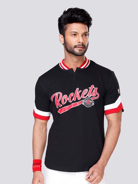 

NBA Men Black Houston Rockets Printed Mandarin Collar Loose T-shirt