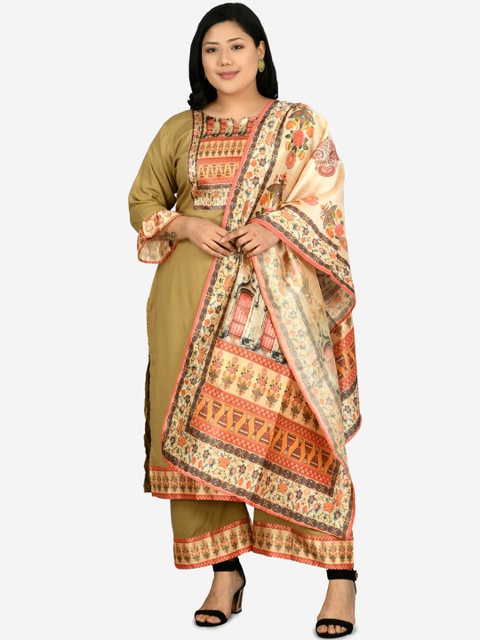 

PrettyPlus by Desinoor com Women Beige Embroidered Kurti with Palazzos & With Dupatta