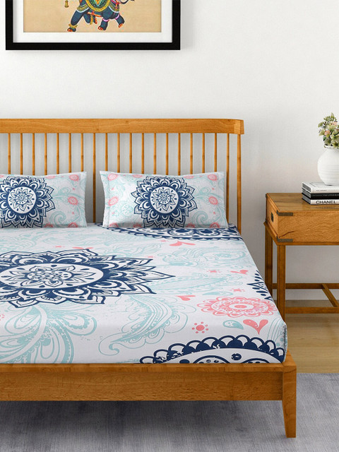 

EK BY EKTA KAPOOR Blue & Pink Ethnic Motifs 120 TC Pure Cotton King Bedsheet with 2 Pillow Covers