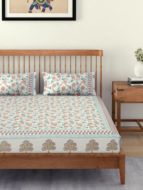 

EK BY EKTA KAPOOR Off White & Green Floral 120 TC King Bedsheet with 2 Pillow Covers