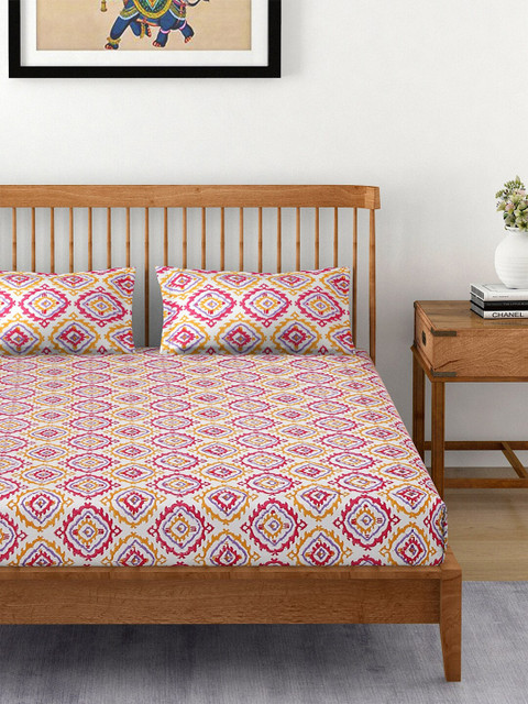 

EK BY EKTA KAPOOR White & Pink Ethnic Motifs 120 TC Pure Cotton King Bedsheet with 2 Pillow Covers