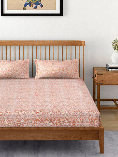 

EK BY EKTA KAPOOR Peach-Coloured & White Ethnic Motifs 120 TC King Bedsheet with 2 Pillow Covers