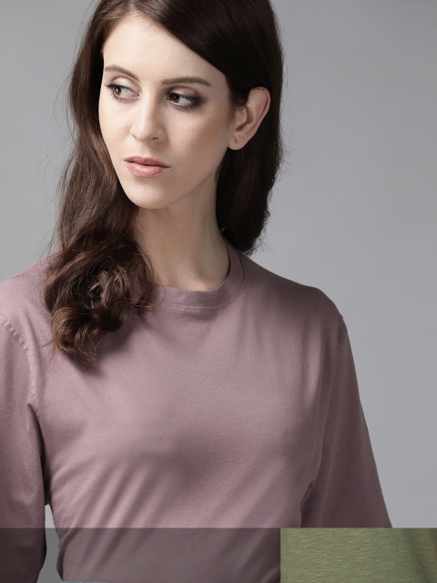 

Roadster Women Pack of 2 Solid Cotton T-shirt, Olive