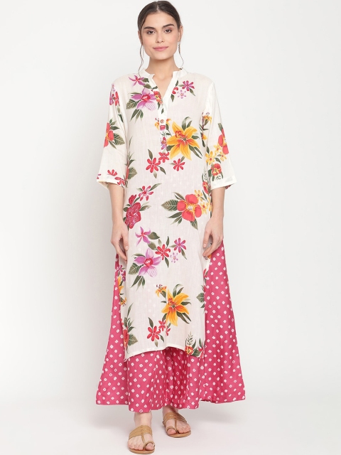 

TAG 7 Women White Floral Printed Pure Cotton Kurti with Palazzos