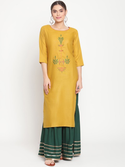 

TAG 7 Women Yellow Floral Yoke Design Kurti with Skirt