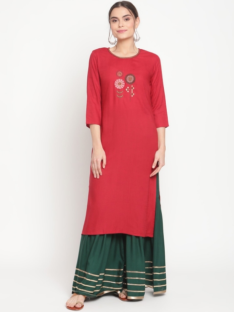 

TAG 7 Women Red Floral Embroidered Thread Work Kurti with Skirt
