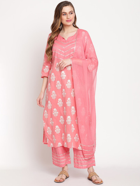 

TAG 7 Women Pink Ethnic Motifs Printed Pure Cotton Kurta with Trousers & With Dupatta