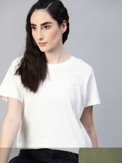 

Roadster Women Pack of 2 Solid Cotton T-shirt, Olive