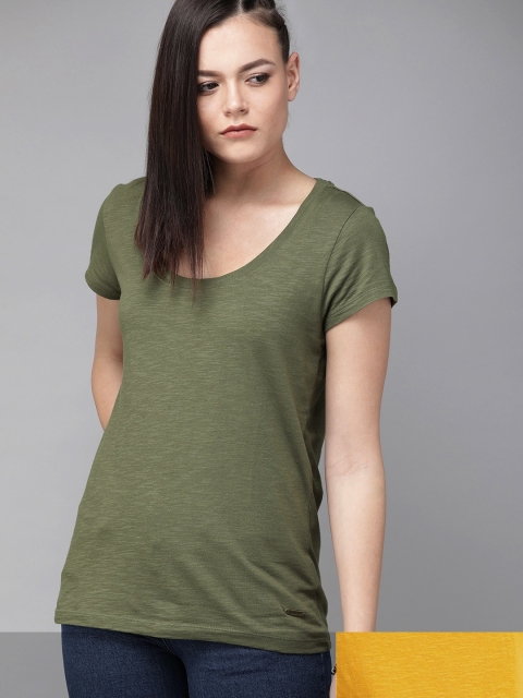 

Roadster Women Pack of 2 Solid Cotton T-shirt, Olive