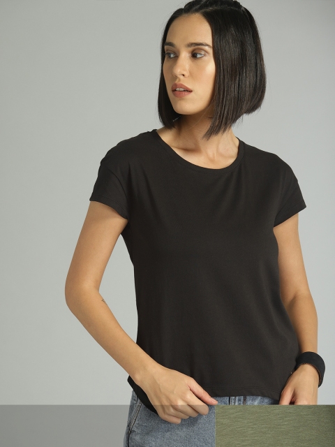 

Roadster Women Pack of 2 Solid T-shirt, Olive